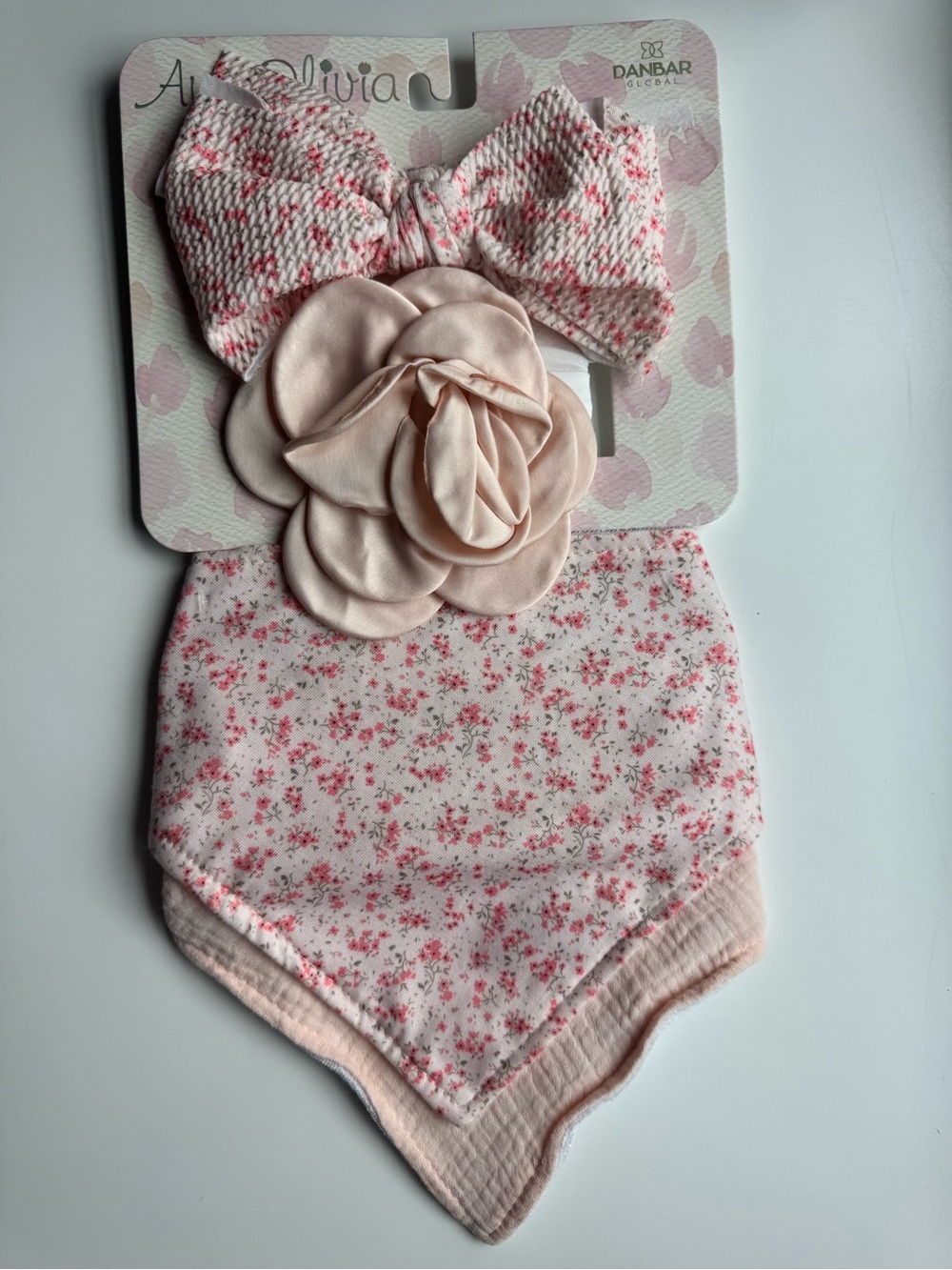 Pink Floral Baby Bandana Bib and Headband Set